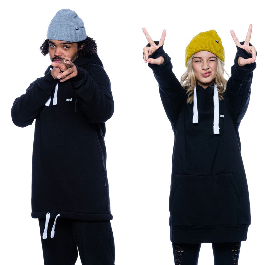 Custom hoodies with male and female models, male pointing at camera, female with hands raised in peace signs with both hands